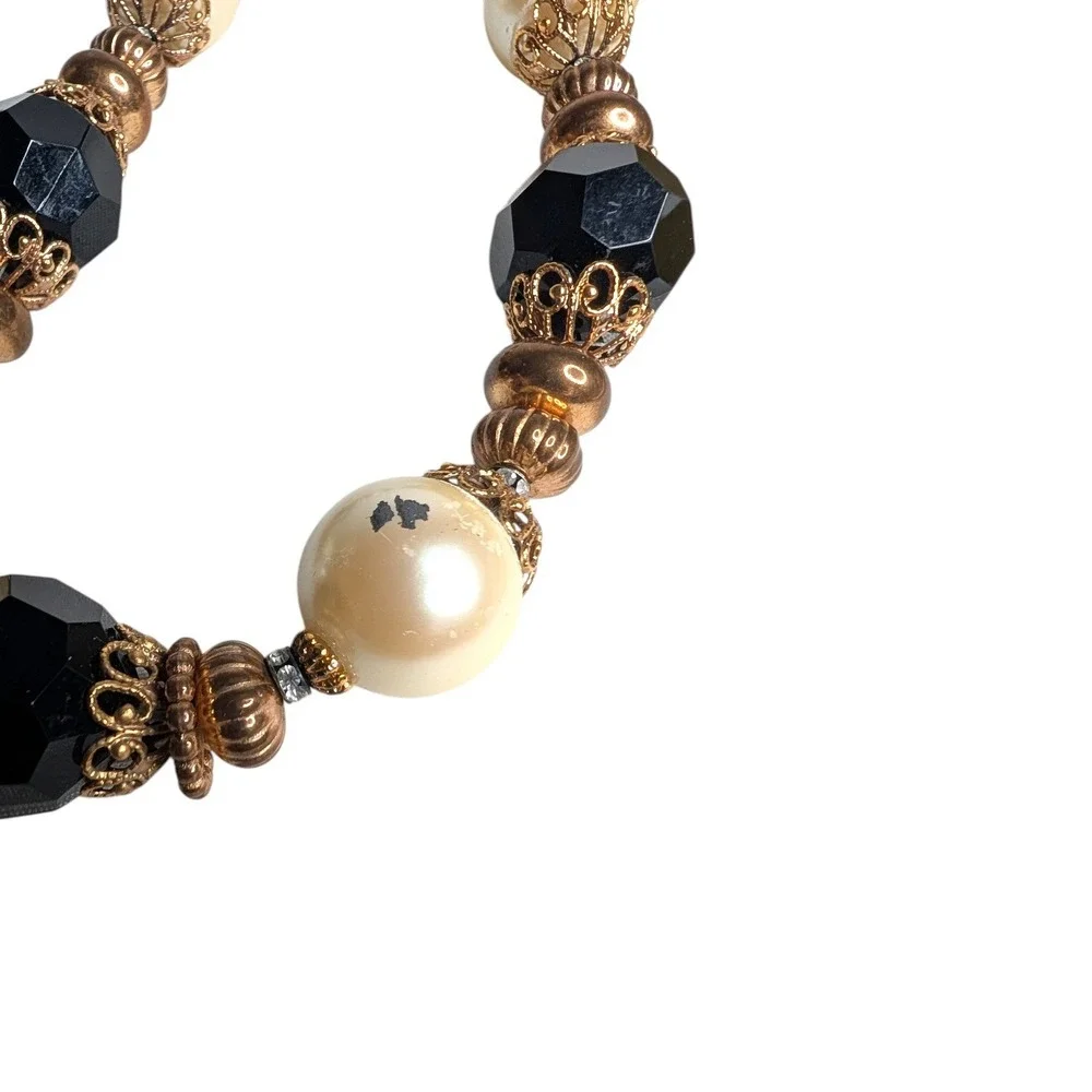 Vintage Style Black and‎ Cream Faux Pearl Beaded Necklace Gold Tone Accents